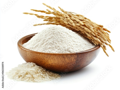 Wooden bowl filled with rice and rice flour is placed on a white background. The bowl is the main focus of the image, and it is a simple yet elegant presentation of the ingredients photo