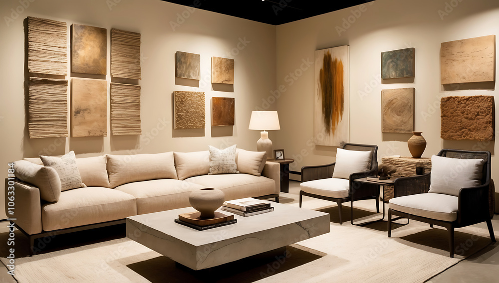 Fototapeta premium Modern composition of japandi interior with design beige sofa, natural colors paintings, stone tables, stylish furniture, decoration and personal accessories. Home decor. Template.