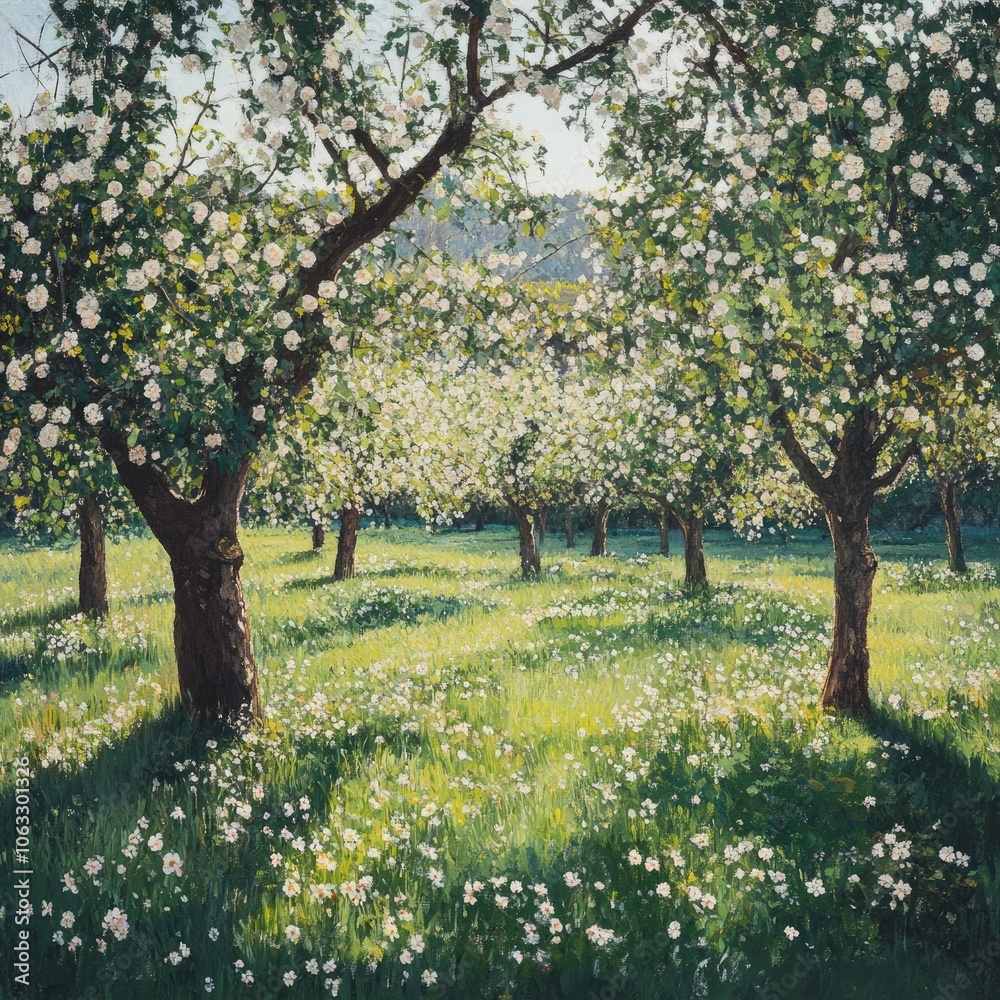 Spring orchard with fruit trees in full blossom