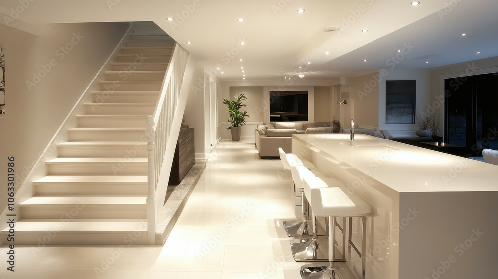 This renovated basement features a large, airy room with a staircase and a sleek white counter, perfect for entertaining or relaxation This renovated basement features a large, airy room with a staircase and a sleek white counter, perfect for entertaining or relaxation