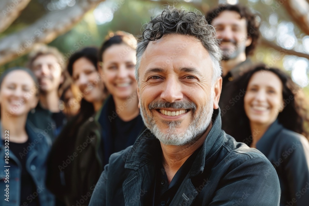 Portrait of a smiling middle-aged man with his friends in the background Portrait of a smiling middle-aged man with his friends in the background