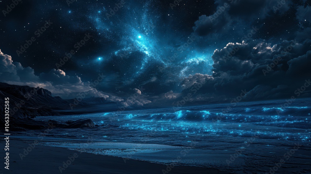 Fototapeta premium Mesmerizing Night Beach with Starry Sky and Bioluminescent Waves Capturing Tranquil Serenity and Natural Beauty