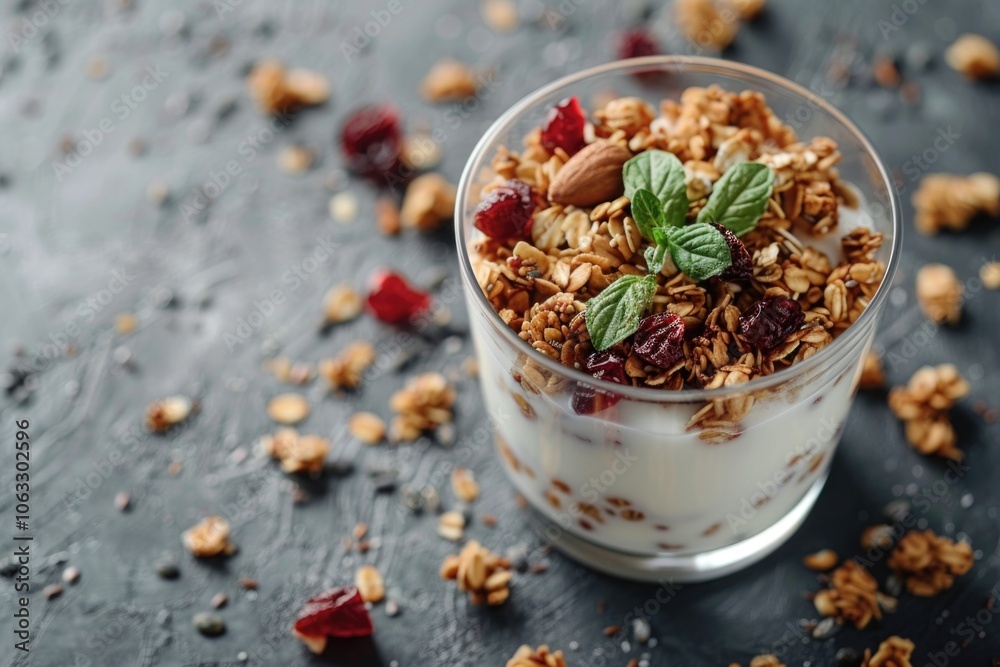 Glass bowl of yogurt parfait with granola, berries, and mint leaves. Glass bowl of yogurt parfait with granola, berries, and mint leaves.