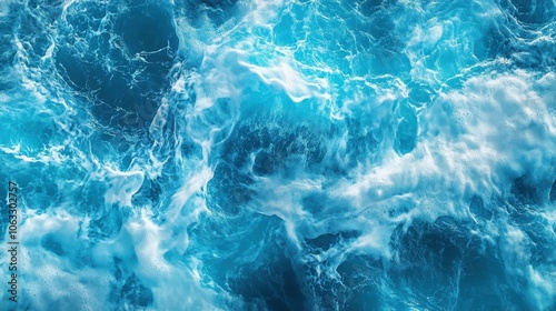 Top view of flowing tropical water texture, showcasing vibrant blue waves and dynamic motion. Horizontal banner.