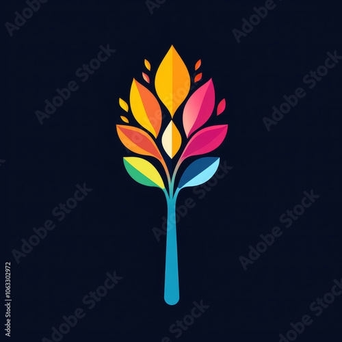 Colorful stylized tree with vibrant leaves in a symmetrical pattern on a dark background, symbolizing growth, diversity, and unity in a modern minimalist design. photo