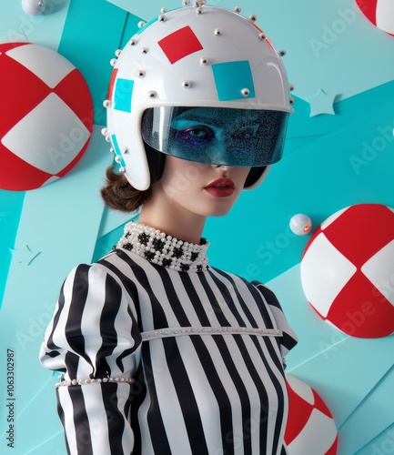 An intriguing retro-futuristic fashion portrait showcasing a model in a geometric helmet and striped outfit, set against a colorful, playful background design. photo