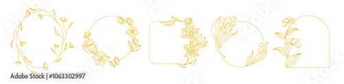 Golden frames with flowers for decoration. Yellow frameworks with ornaments for interior.