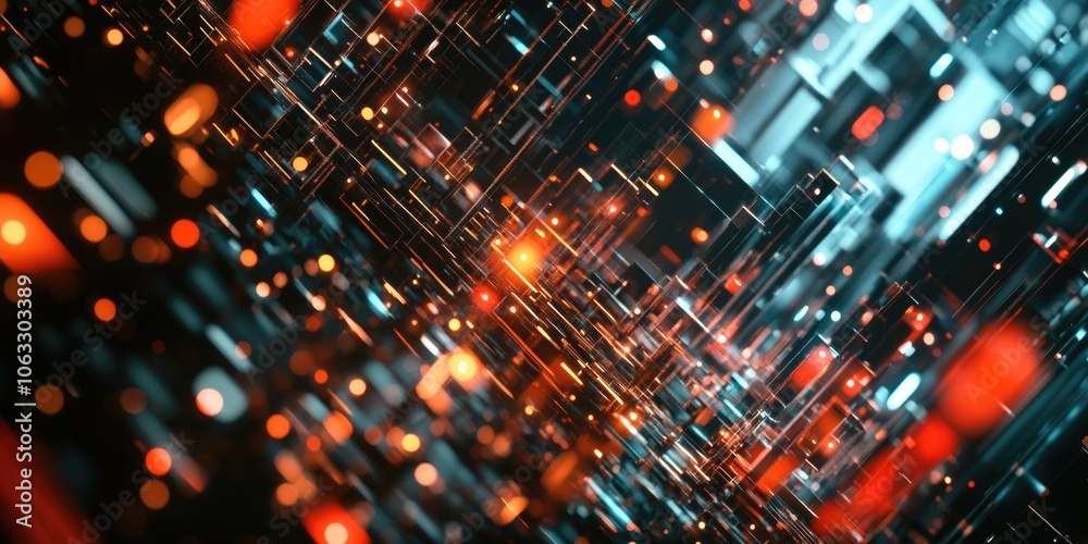 Obraz premium Bright digital neon lights and bokeh effect creating a starburst-like pattern.