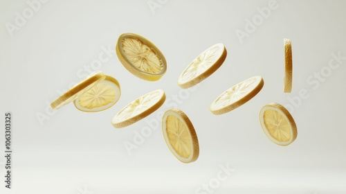 lemon slices floating in the air isolated on white background