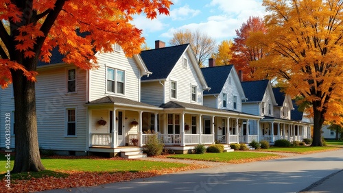 Midwest row of houses with traditional architecture, autumn trees, and inviting porches