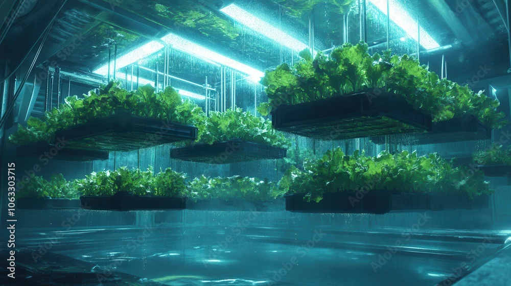 Fototapeta premium Floating Lettuce Beds in a Zero Gravity Environment