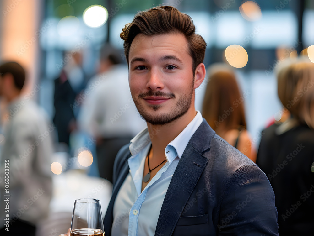 A professional man socializing and networking at a stylish business cocktail party with colleagues. A professional man socializing and networking at a stylish business cocktail party with colleagues.