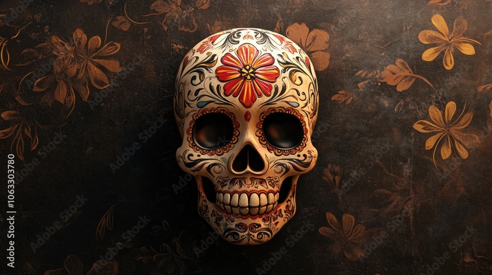 Dia de Muertos artwork featuring a sugar skull decorated with flowers and leaves. This ornate skull symbolizes the Mexican holiday, Day of the Dead. Dia de Muertos artwork featuring a sugar skull decorated with flowers and leaves. This ornate skull symbolizes the Mexican holiday, Day of the Dead.