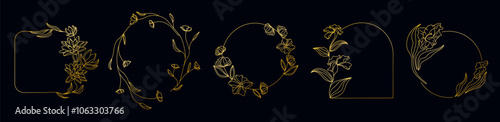 Set of golden frame with flowers for pictures and photos. Summer decorative golden frameworks for gallery.