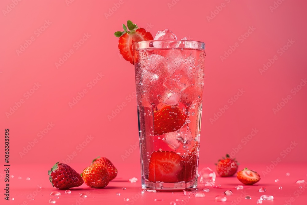 Strawberry-infused Sparkling Drink in a Tall Glass with Ice Strawberry-infused Sparkling Drink in a Tall Glass with Ice