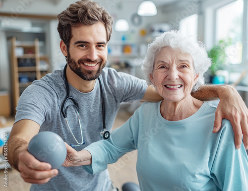 Ejercicio fisico y salud. Medico o fisioterapeuta realizando ejercicios con mujer anciana en la consulta de la clinica.Fisioterapia y rehabilitación para personas mayores. photo