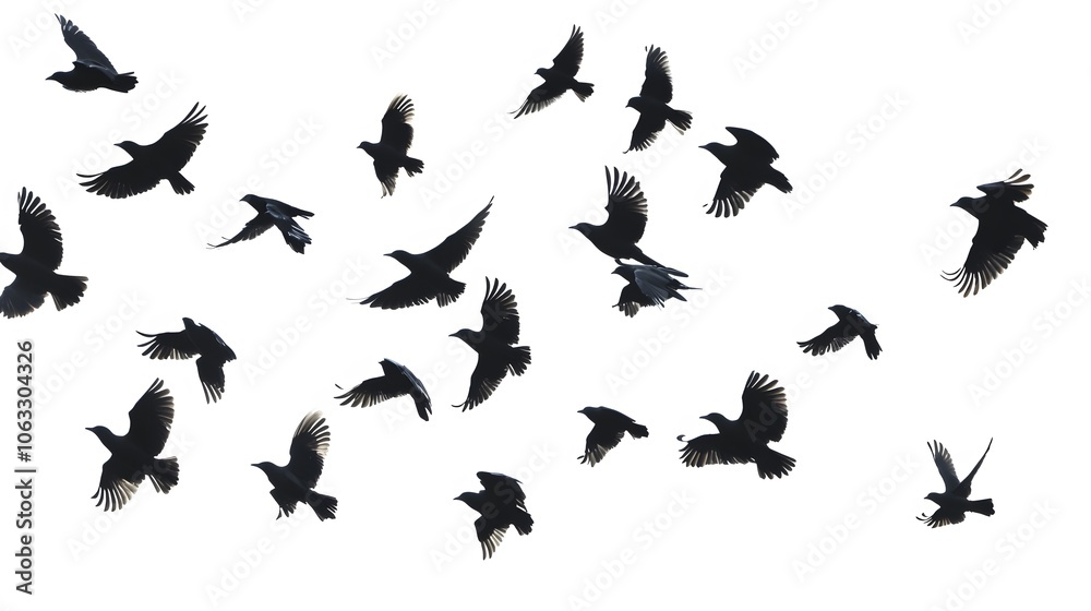 Silhouettes of Birds in Flight Against a White Sky Silhouettes of Birds in Flight Against a White Sky