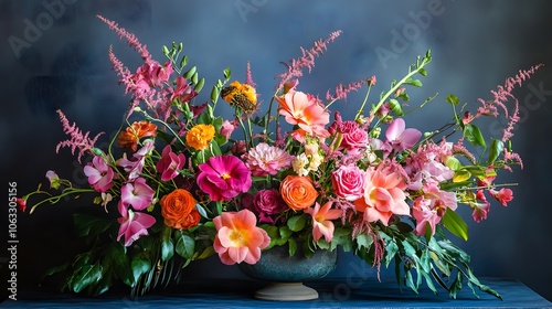 Wallpaper Mural A Vibrant Bouquet of Pink, Orange, and Yellow Flowers in a Blue Vase Torontodigital.ca