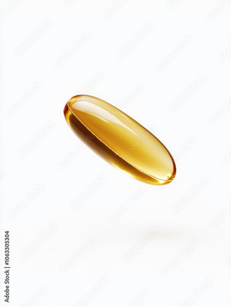 Fish oil supplement capsule. A yellow omega-3 fatty acid nutritional pill. Fish oil supplement capsule. A yellow omega-3 fatty acid nutritional pill.