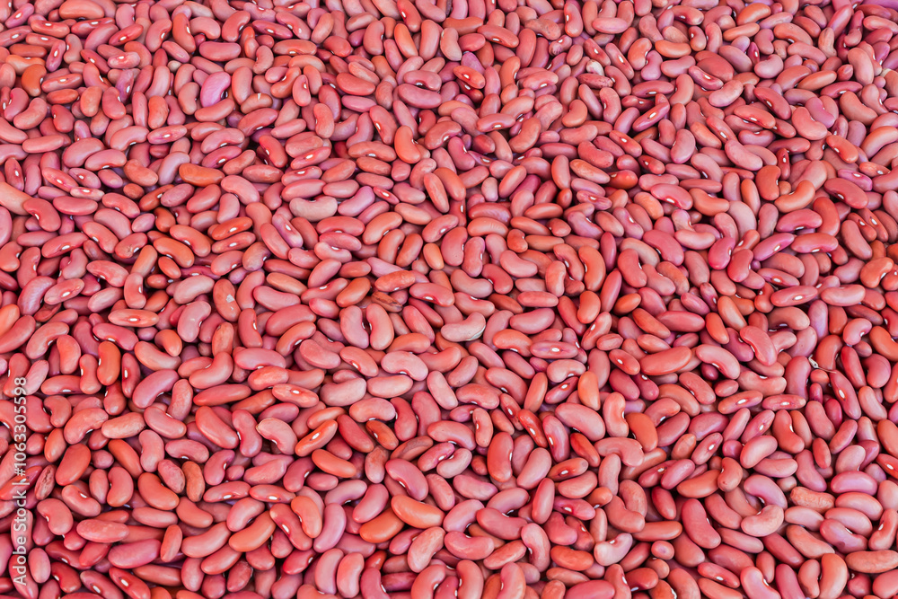 Raw shelled dried red kidney beans, top view