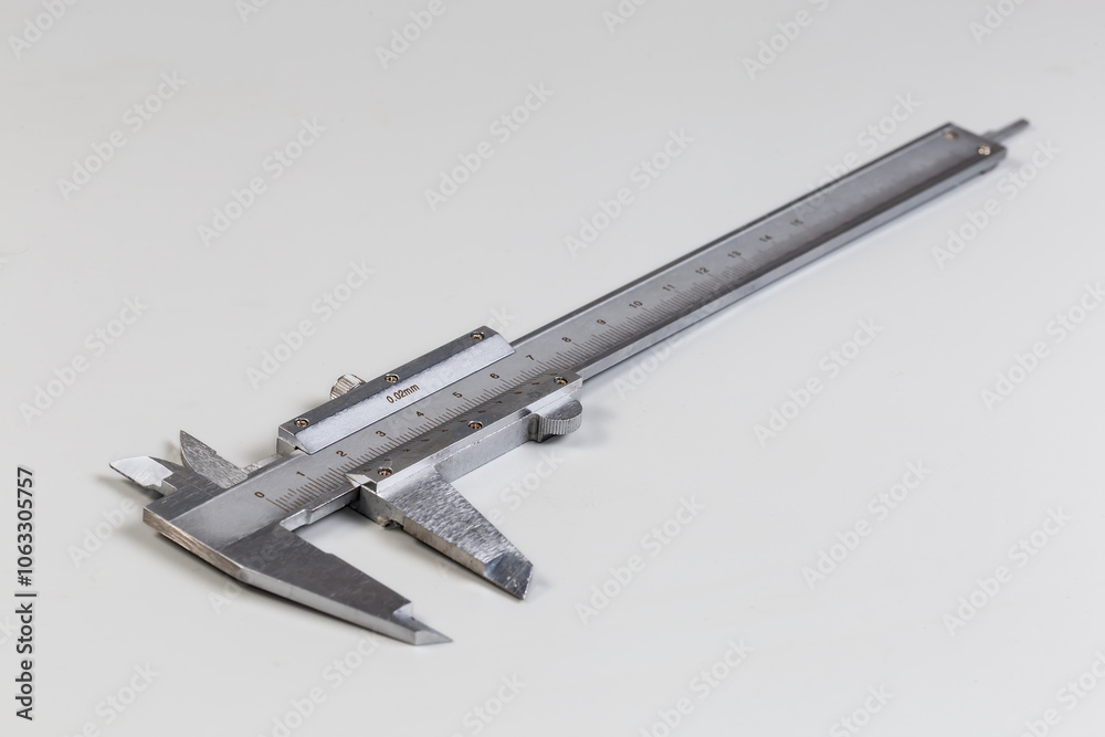 Vernier caliper with metric scales on gray background, selective focus Vernier caliper with metric scales on gray background, selective focus