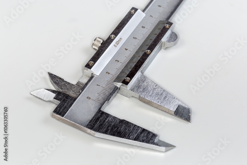 Vernier caliper head with metric scales, close-up selective focus photo