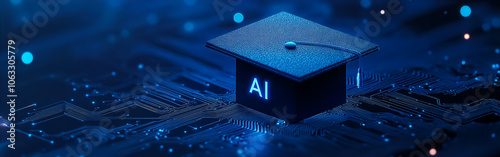 A graduation cap resting on a microchip with AI symbolizes the future of education, where technology and artificial intelligence enhance learning. Great for tech and education marketing.