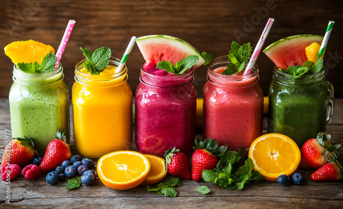 An assortment of fresh fruit smoothies in bright colors, complemented by mint and berries. Great for promoting healthy drinks, food photography, or café inspiration.

