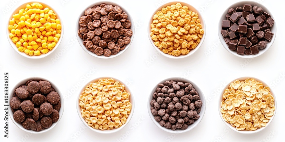 Variety of chocolate and nut cereals and snacks. Variety of chocolate and nut cereals and snacks.
