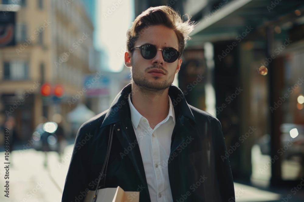 A man wearing a black jacket and sunglasses walks down the street, great for use in urban or cityscape scenes A man wearing a black jacket and sunglasses walks down the street, great for use in urban or cityscape scenes
