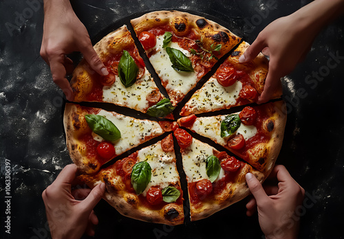 A delicious pizza topped with melted cheese, fresh basil, and juicy cherry tomatoes, cut into seven uneven slices. Hands reaching in highlight a cozy, shared dining moment.