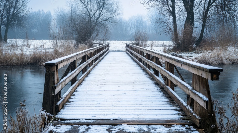 Fototapeta premium View of wooden bridge for cross the river in winter season