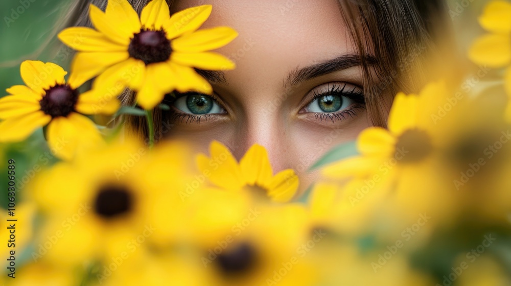 A close-up shot of a woman's face surrounded by bright yellow flowers, perfect for beauty or nature-related themes A close-up shot of a woman's face surrounded by bright yellow flowers, perfect for beauty or nature-related themes