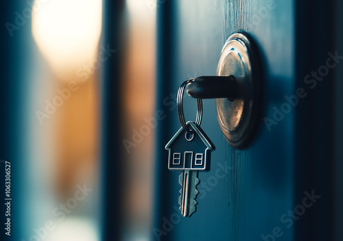 A key with a house-shaped charm, hanging in a blue door’s keyhole. This image symbolizes home, security, and a fresh start, ideal for blogs and articles on new homes and property. photo