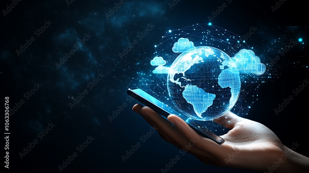 Hand holding a smartphone with a digital Earth globe Hand holding a smartphone with a digital Earth globe