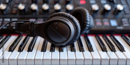 Studio setup with headphones on top of keyboard and microphone to side