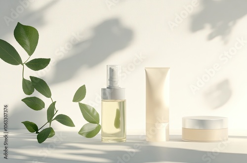 Wallpaper Mural A white background with three skincare products and leaves, and glassware Torontodigital.ca