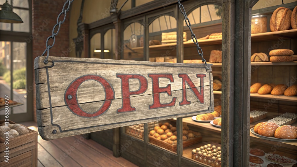 A rustic open sign hanging in a cozy bakery filled with delicious bread, inviting customers to enter and enjoy fresh baked goods. A rustic open sign hanging in a cozy bakery filled with delicious bread, inviting customers to enter and enjoy fresh baked goods.