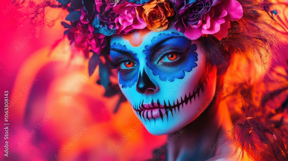 Woman portrait with Floral Headpiece and sugar Skull Makeup on graffiti-inspired background in neon pink and orange colors. Woman portrait with Floral Headpiece and sugar Skull Makeup on graffiti-inspired background in neon pink and orange colors.