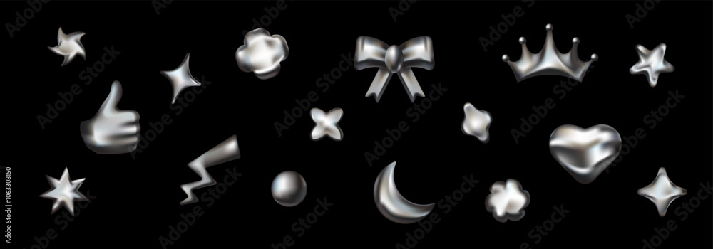 Futuristic 3D design set featuring silver and steel elements, like stars and galaxies, giving a creative and vibrant look to abstract shapes. Futuristic 3D design set featuring silver and steel elements, like stars and galaxies, giving a creative and vibrant look to abstract shapes.
