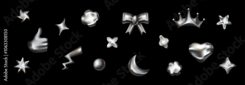 Futuristic 3D design set featuring silver and steel elements, like stars and galaxies, giving a creative and vibrant look to abstract shapes.