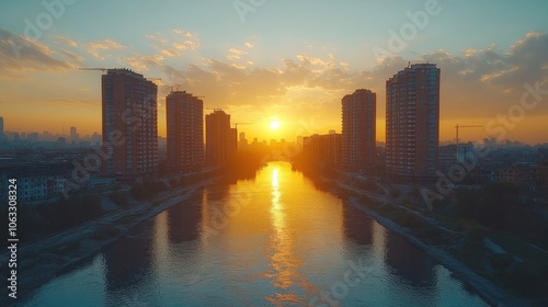 Wallpaper Mural A vibrant orange sunset casts a warm glow over a city skyline and river. Torontodigital.ca
