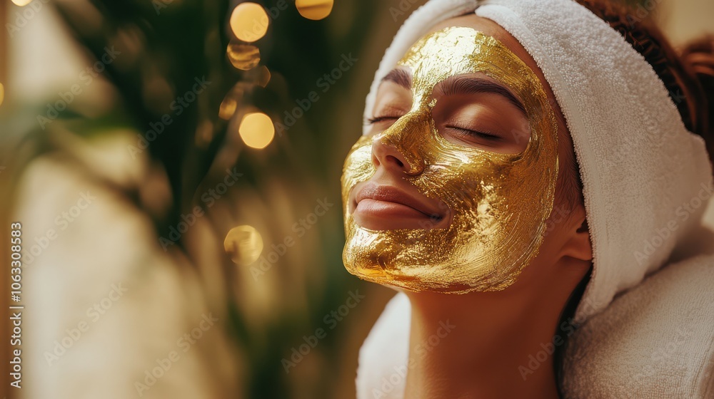 Woman relaxing with a luxurious gold facial mask at a day spa Woman relaxing with a luxurious gold facial mask at a day spa