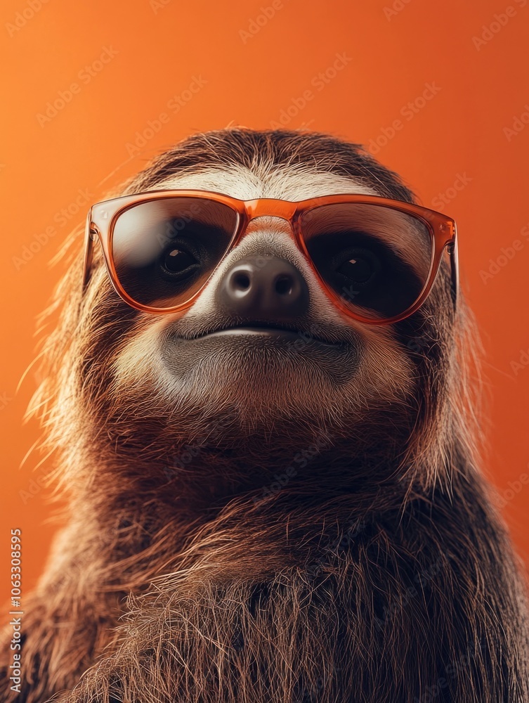 Obraz premium Lighthearted image of a sloth wearing sunglasses and smiling, with vibrant orange background.