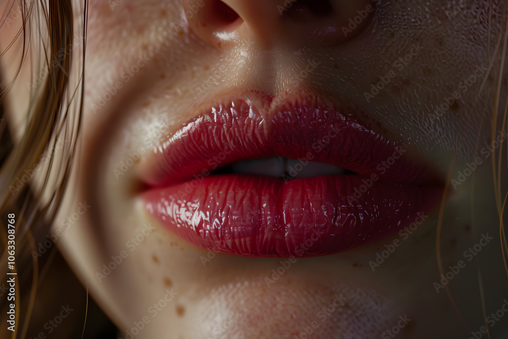 Naklejka premium Close-up of a fair-skinned woman's lips, showcasing natural texture and a glossy finish, framed by soft, wavy hair.
