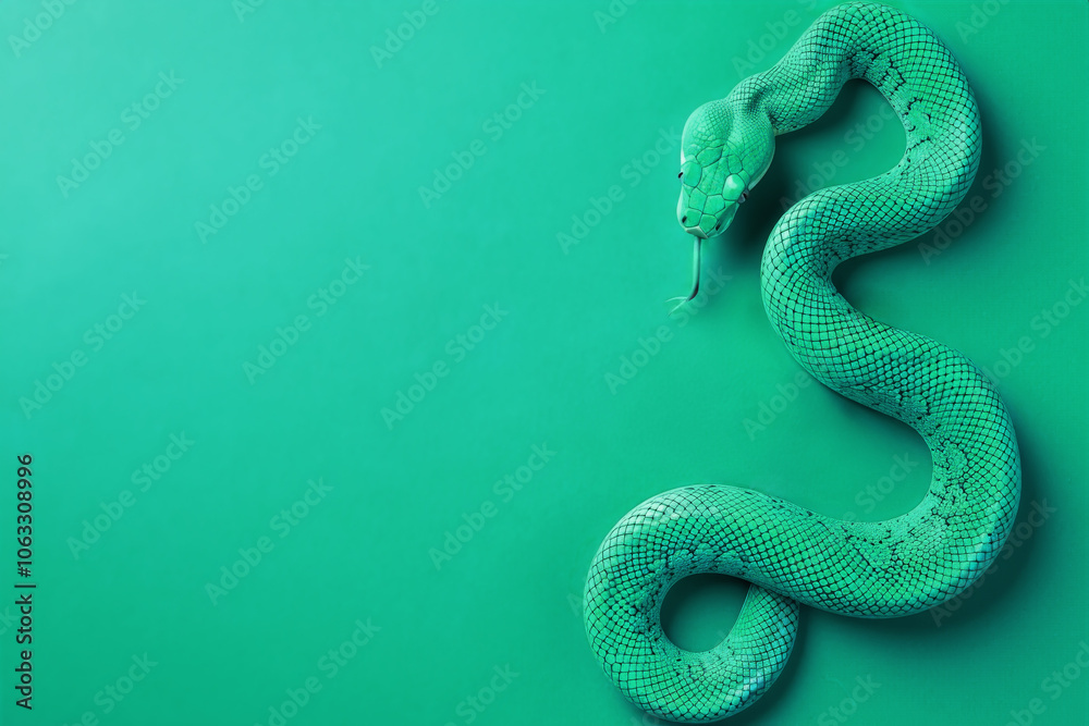 Fototapeta premium Stunning blue snake with tongue on a vibrant blue background with text copy space