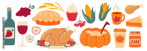 Thanksgiving food. Autumn holiday, traditional dishes, harvest festival, pumpkins, turkey and pie, corn, wine and harvest. Flat Vector illustration isolated on white background
