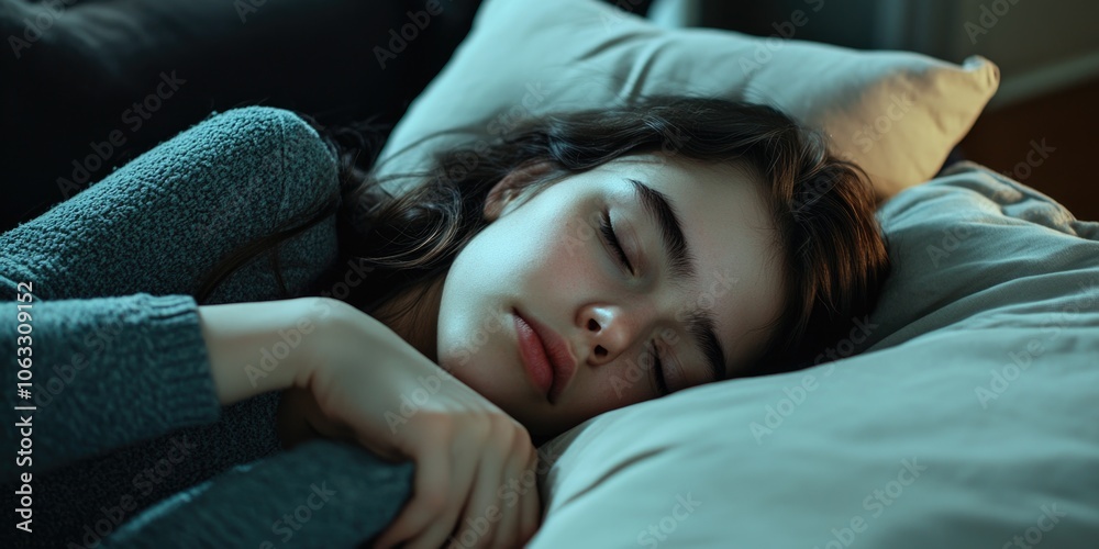Dreamy night scene with young woman sleeping peacefully on her stomach with her hair falling over the pillow. Soft lighting and cozy bedding. Sense of tranquility. Dreamy night scene with young woman sleeping peacefully on her stomach with her hair falling over the pillow. Soft lighting and cozy bedding. Sense of tranquility.