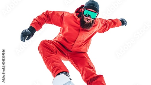 Bearded Snowboarder in Red Jumpsuit Flying Through the Air