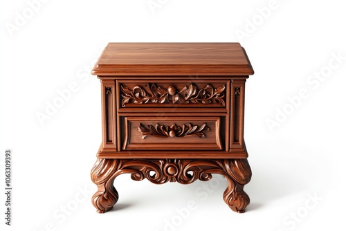 This is a small, wooden side table with intricate carvings on the drawer. The woodgrain texture adds to its antique and vintage appeal.